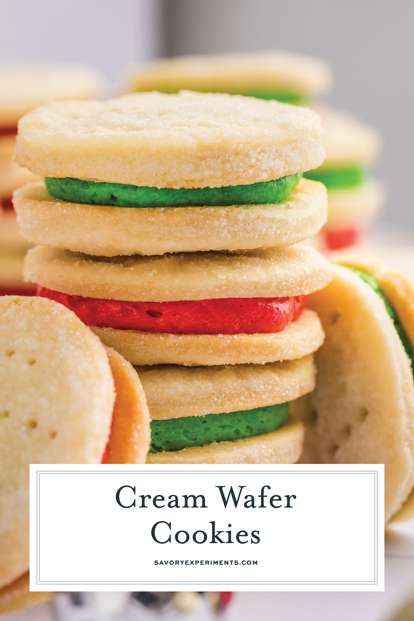 straight on shot of stack of cream wafer cookies with text overlay