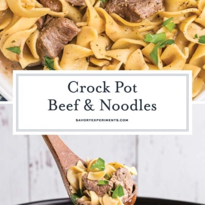 collage of slow cooker beef and noodles