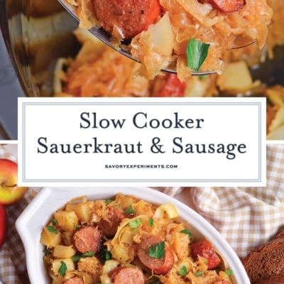 collage of crock pot sauerkraut and sausage