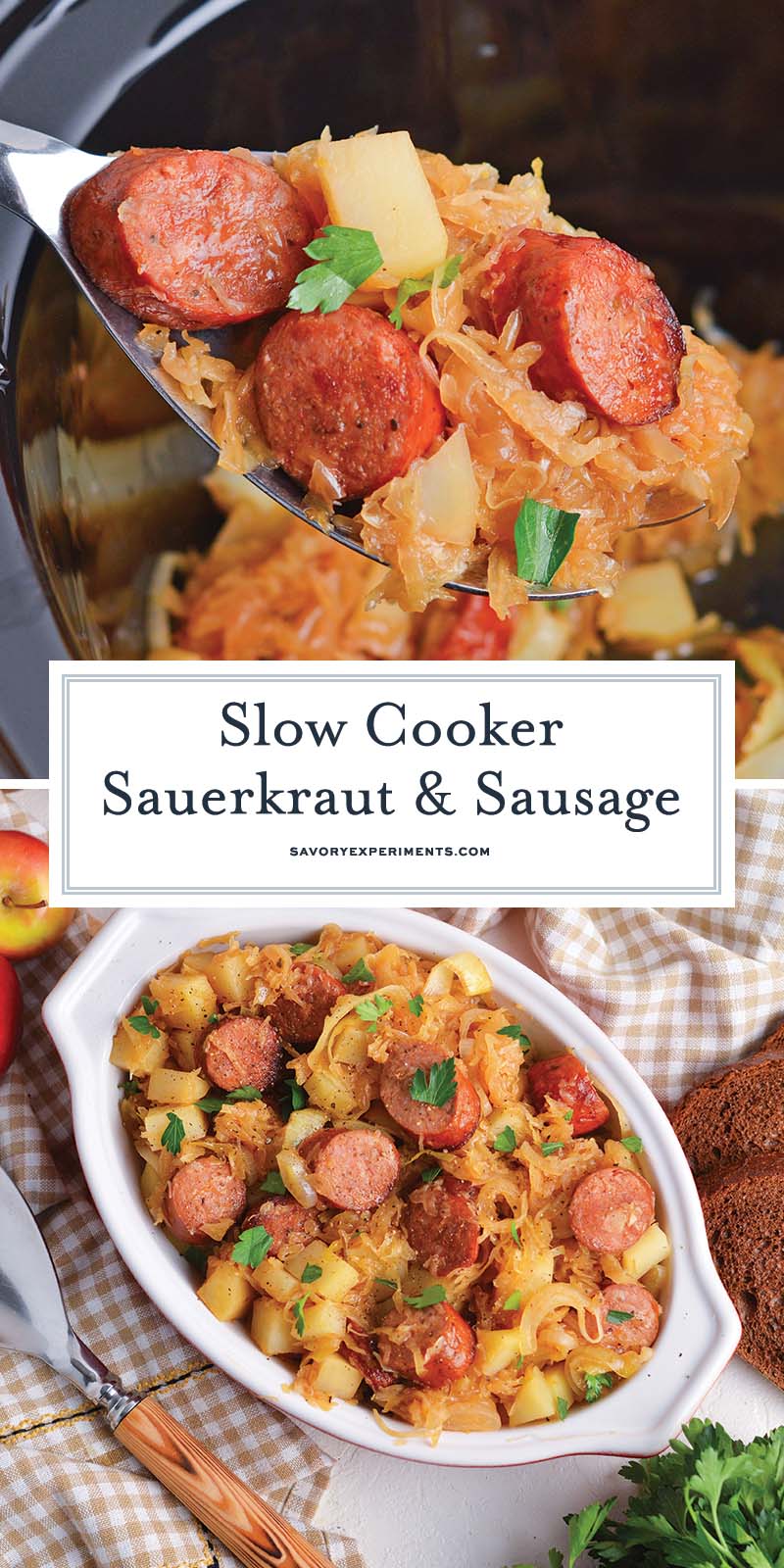 collage of crock pot sauerkraut and sausage