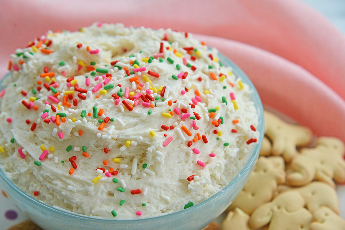 angled shot of funfetti dip in bowl