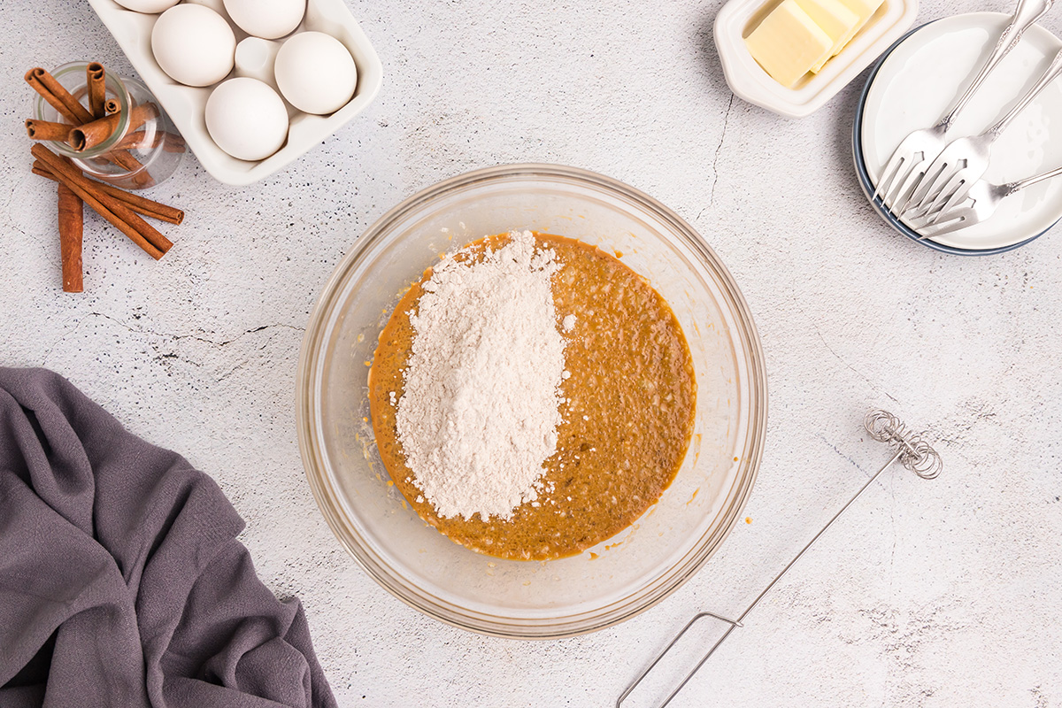 wet and dry ingredients for pancake batter in bowl