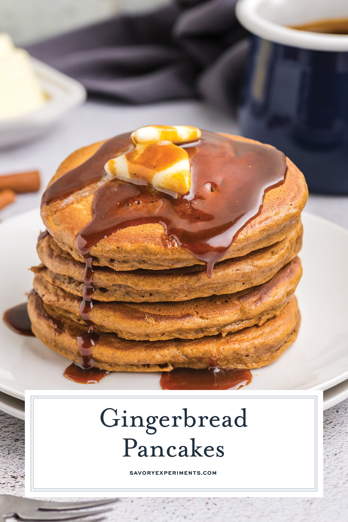 syrup and butter on stack of gingerbread pancakes with text overlay