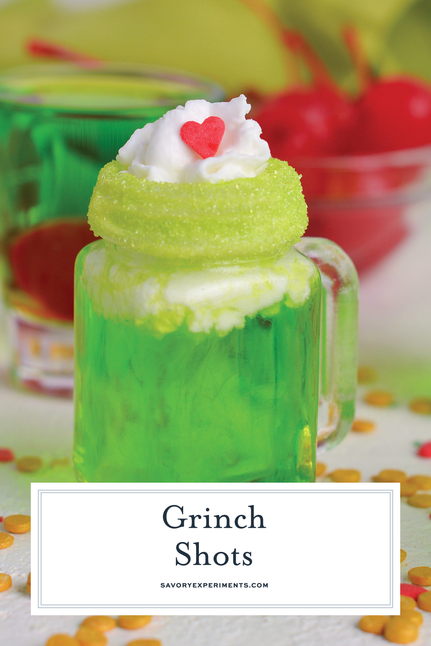 straight on shot of grinch shots with text overlay