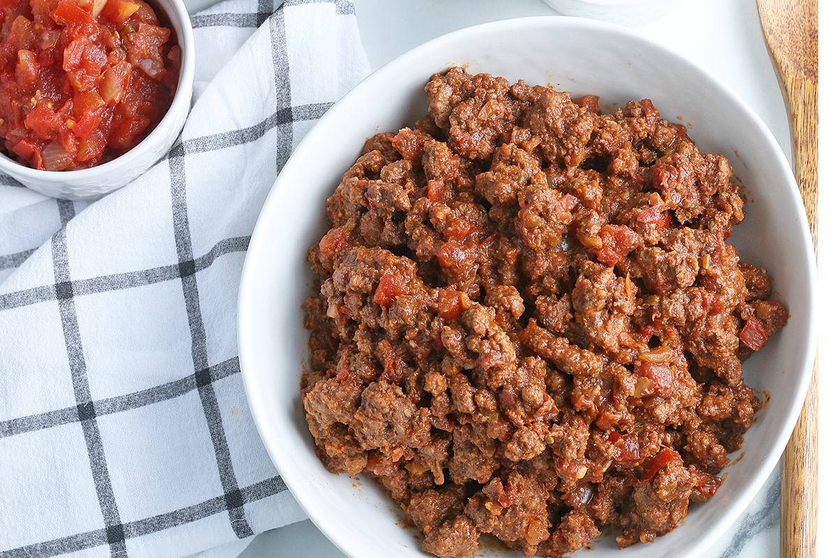 ground beef for tacos in a white serving bowl