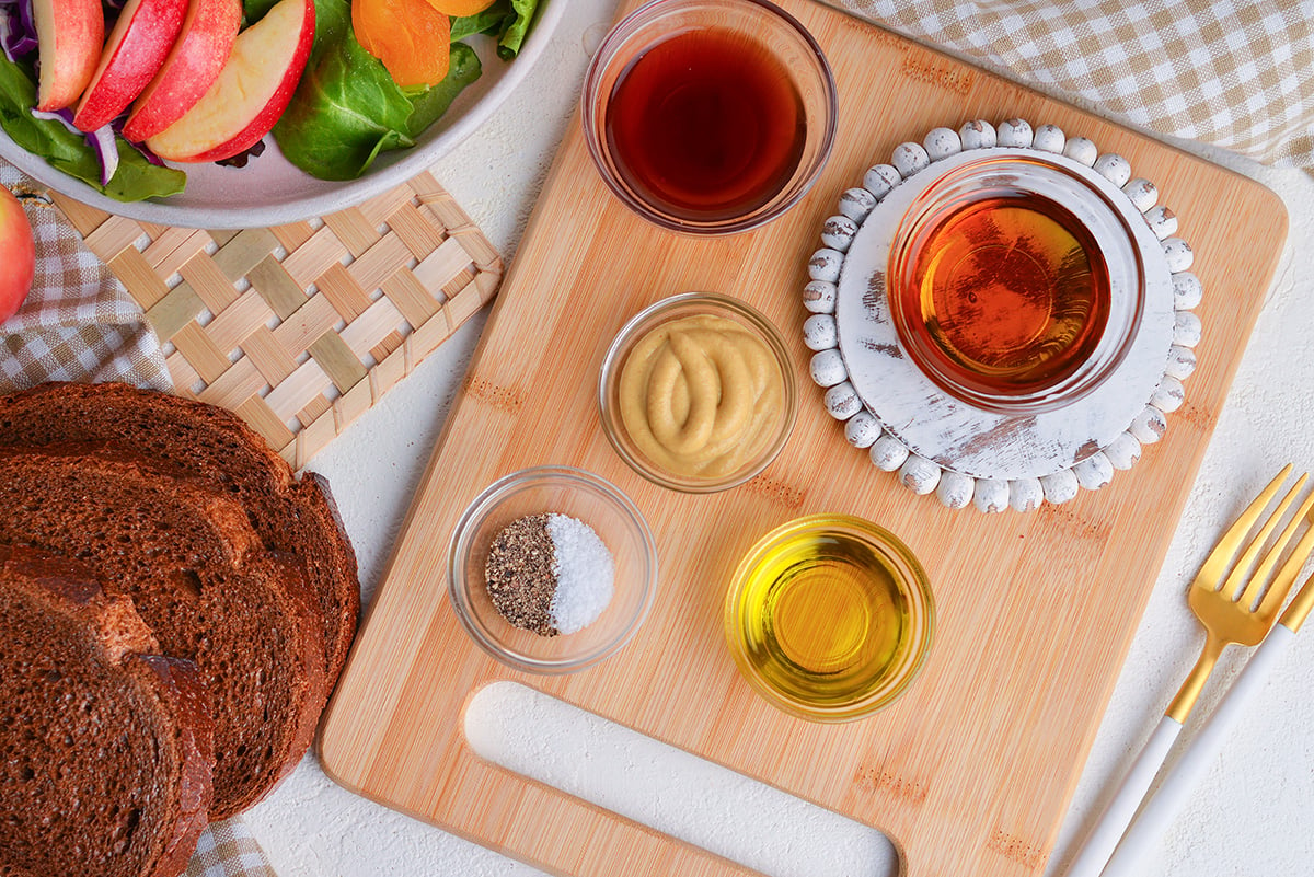 overhead shot of maple dijon dressing ingredients