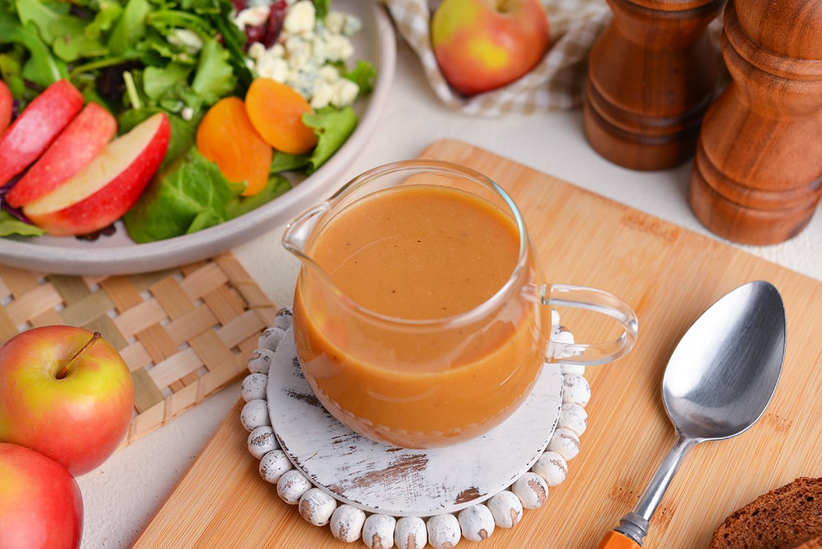 angled shot of jar of maple dijon dressing