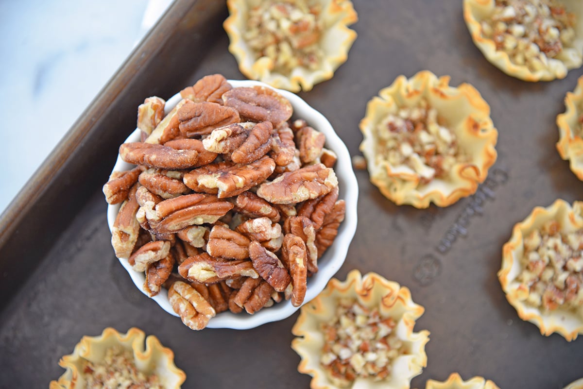 overhead shot of pecans in bowl