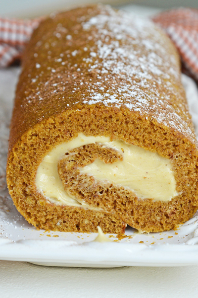 end view of a pumpkin cake roll