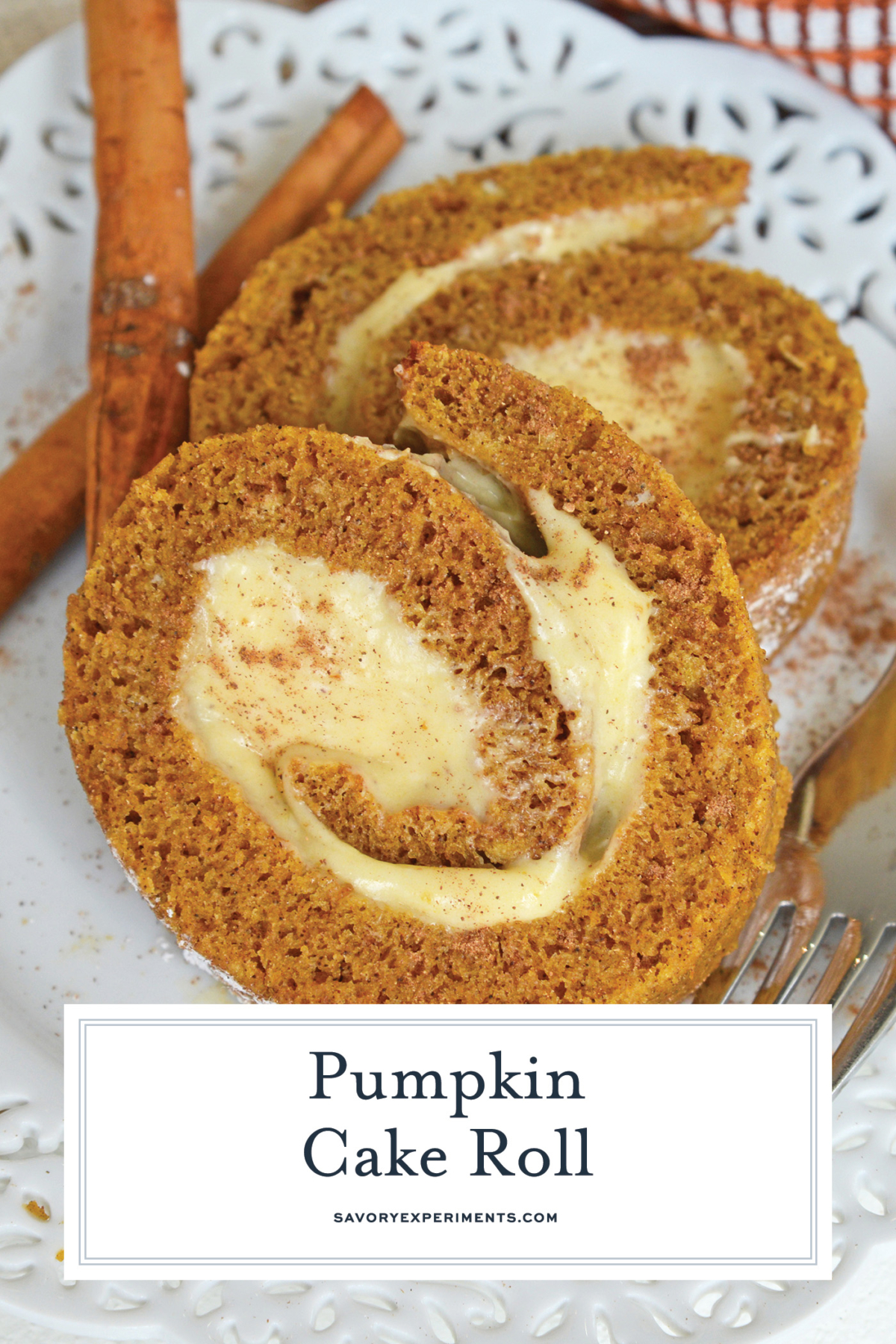 angled shot of pumpkin roll cake slices on plate with text overlay