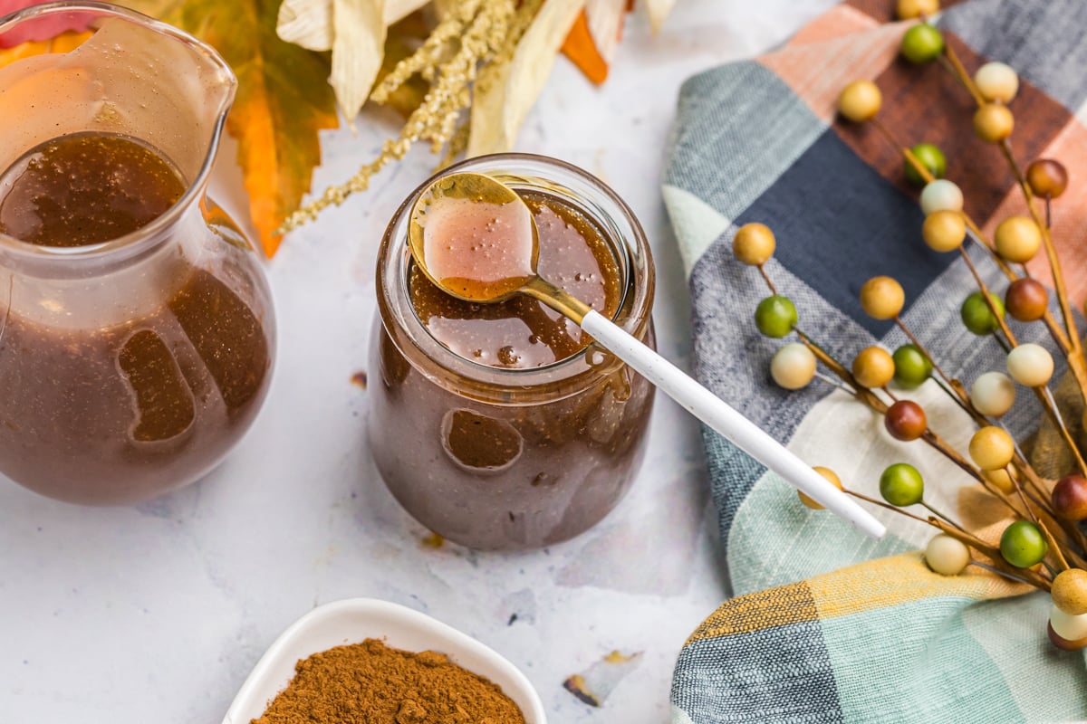 overhead shot of spoon on jar of syrup