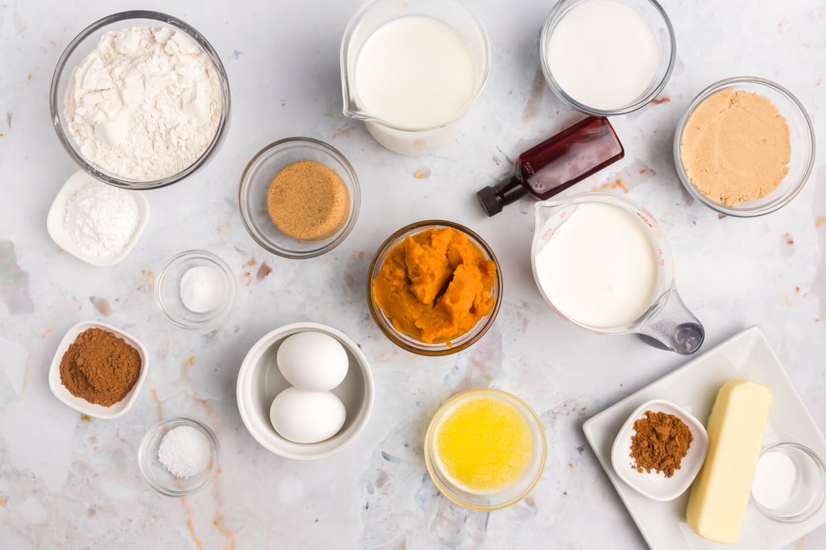 overhead shot of pumpkin waffles ingredients