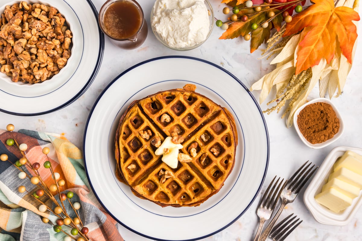 overhead shot of pumpkin waffles on plate