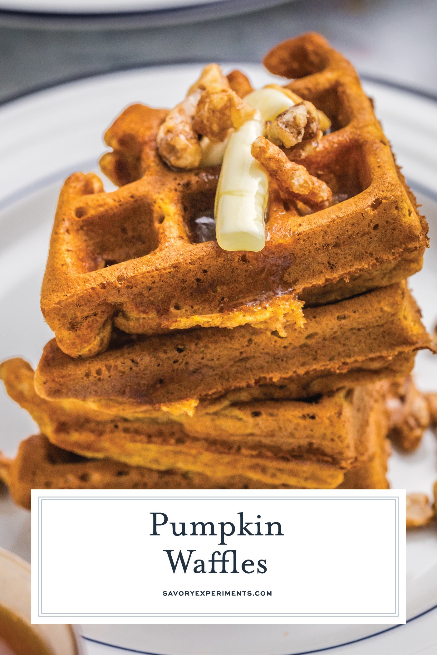 stack of pumpkin waffles triangles with text overlay