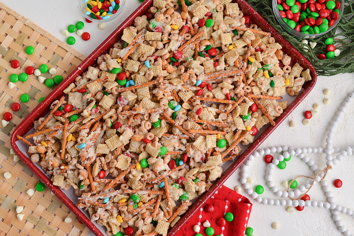 overhead shot of reindeer munch on baking sheet