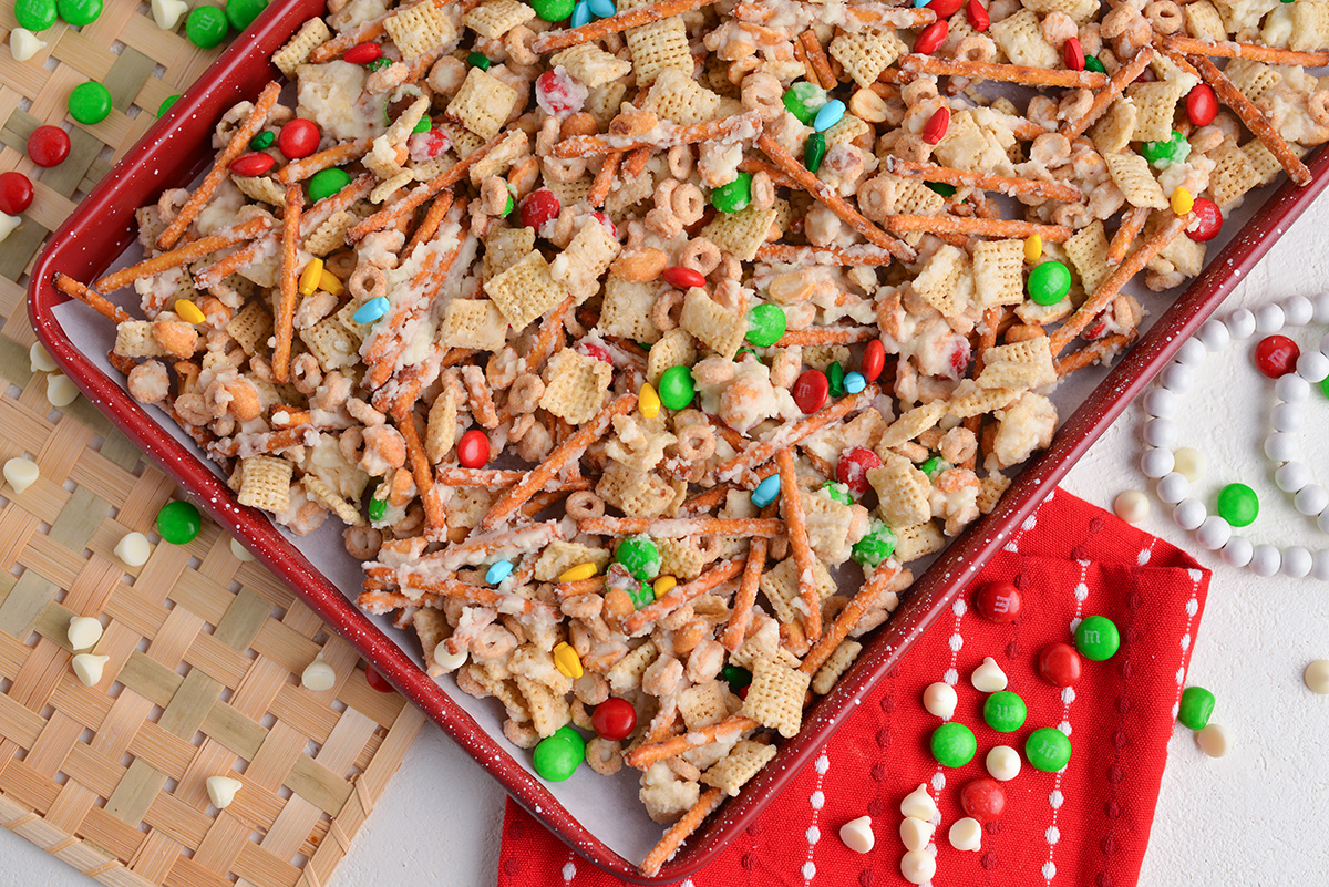 close up overhead shot of reindeer chow on baking sheet