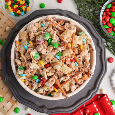 overhead shot of bowl of reindeer munch