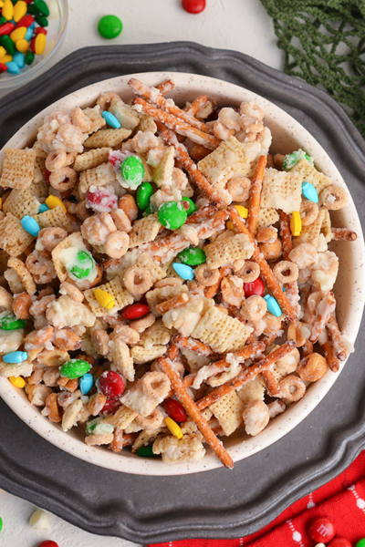 overhead shot of bowl of reindeer munch