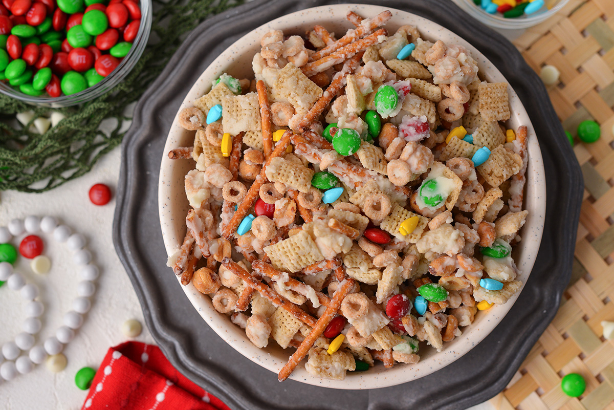 close up overhead shot of bowl of reindeer chow