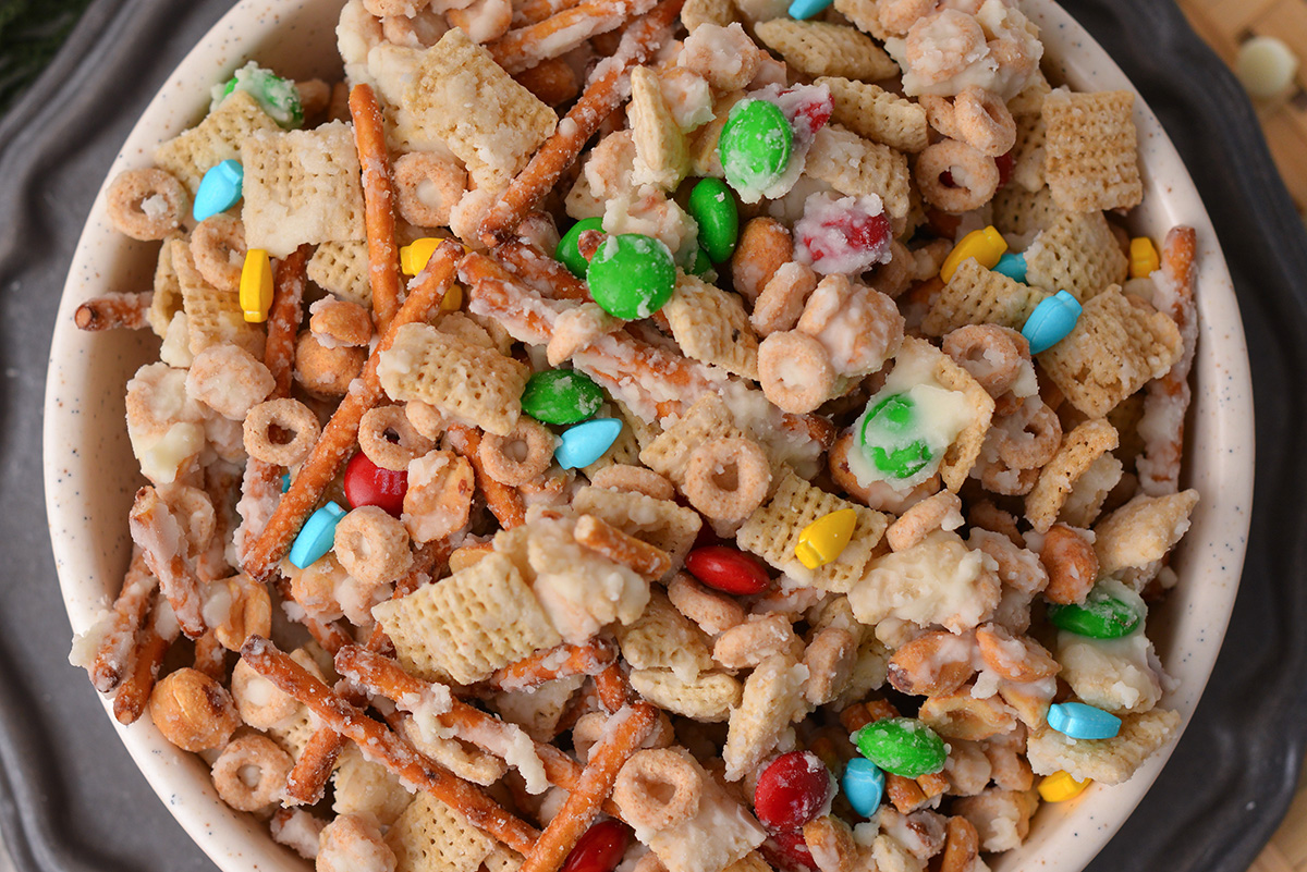 close up overhead shot of bowl of reindeer munch