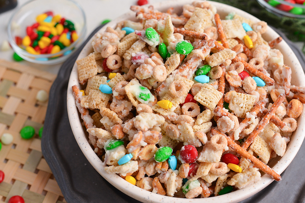 angled shot of bowl of reindeer munch