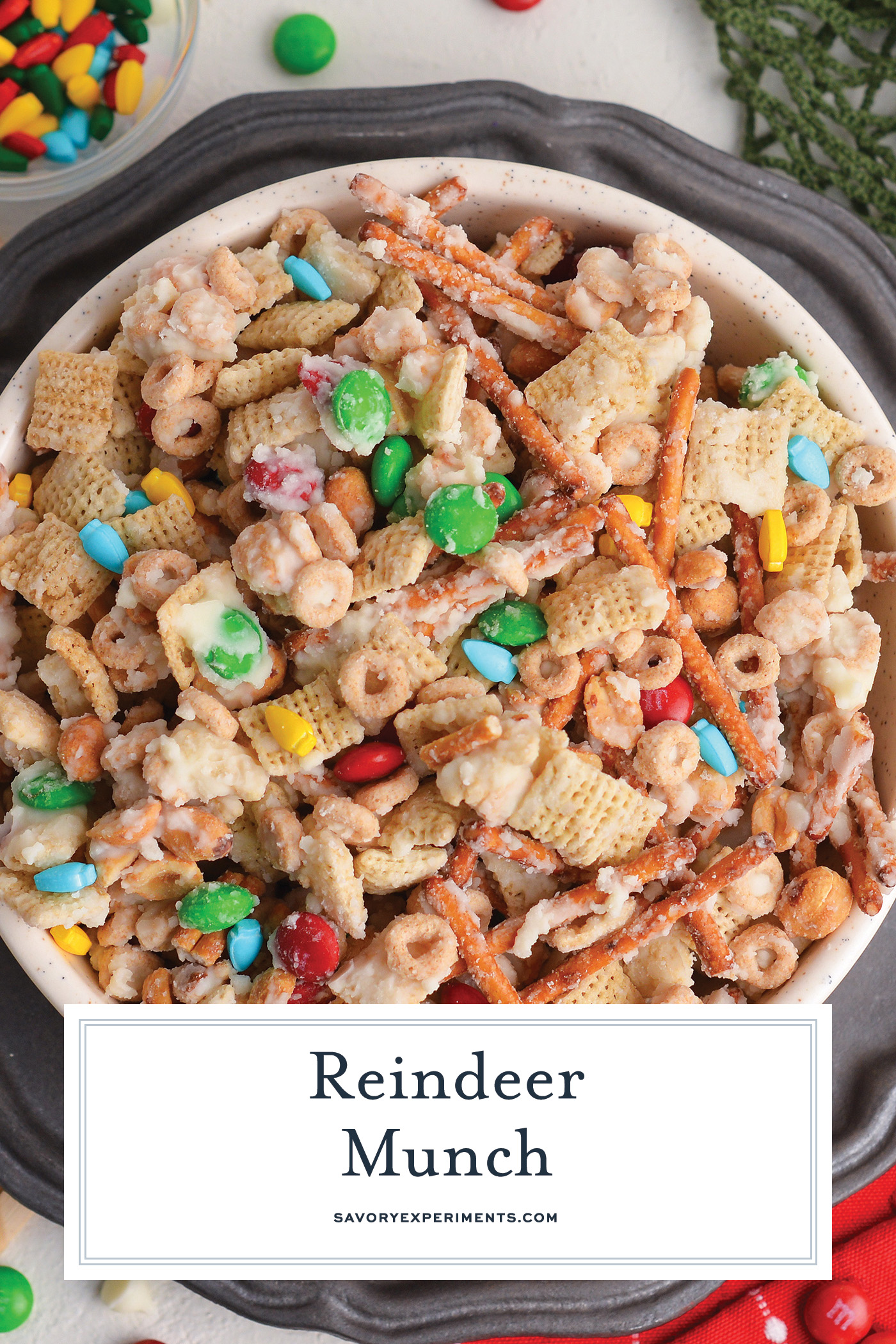 overhead shot of bowl of reindeer munch with text overlay