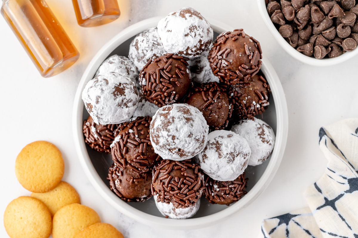 overhead shot of bowl of rum balls