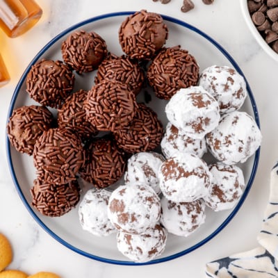 overhead shot of plate of rum balls