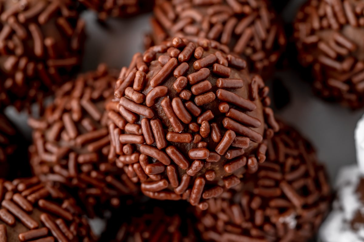 close up of rum ball coated in chocolate sprinkles