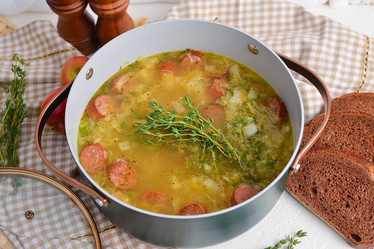 angled shot of sauerkraut soup in pot