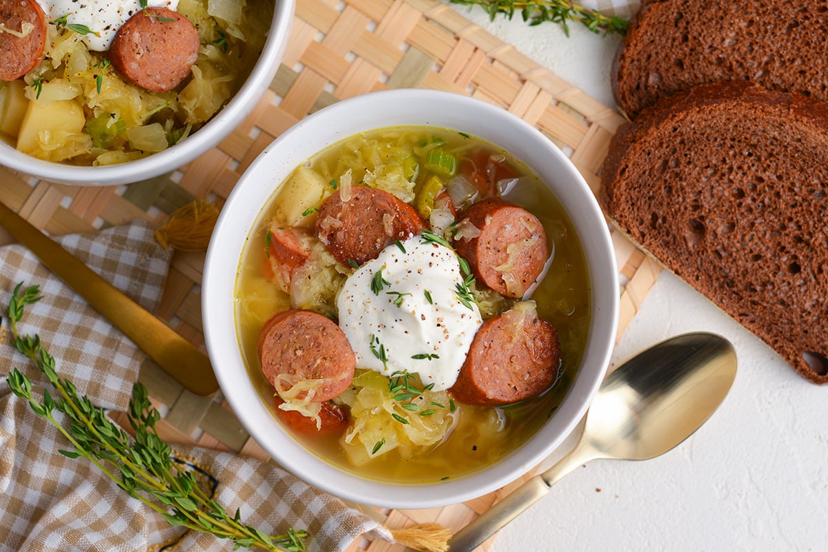 overhead shot of sausage and sauerkraut soup