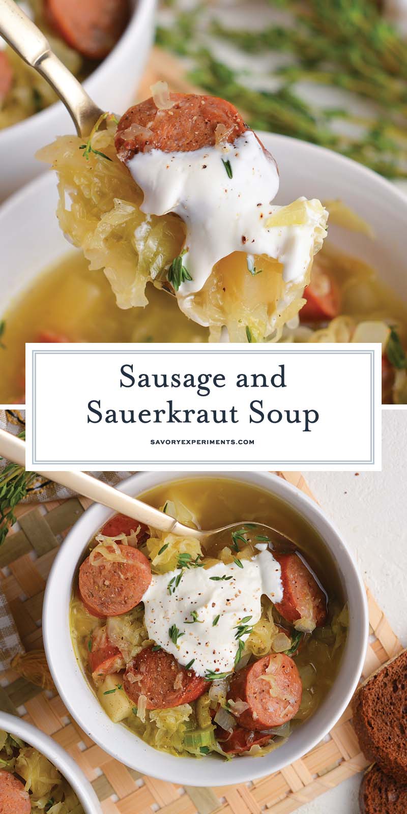 collage of sausage and sauerkraut soup