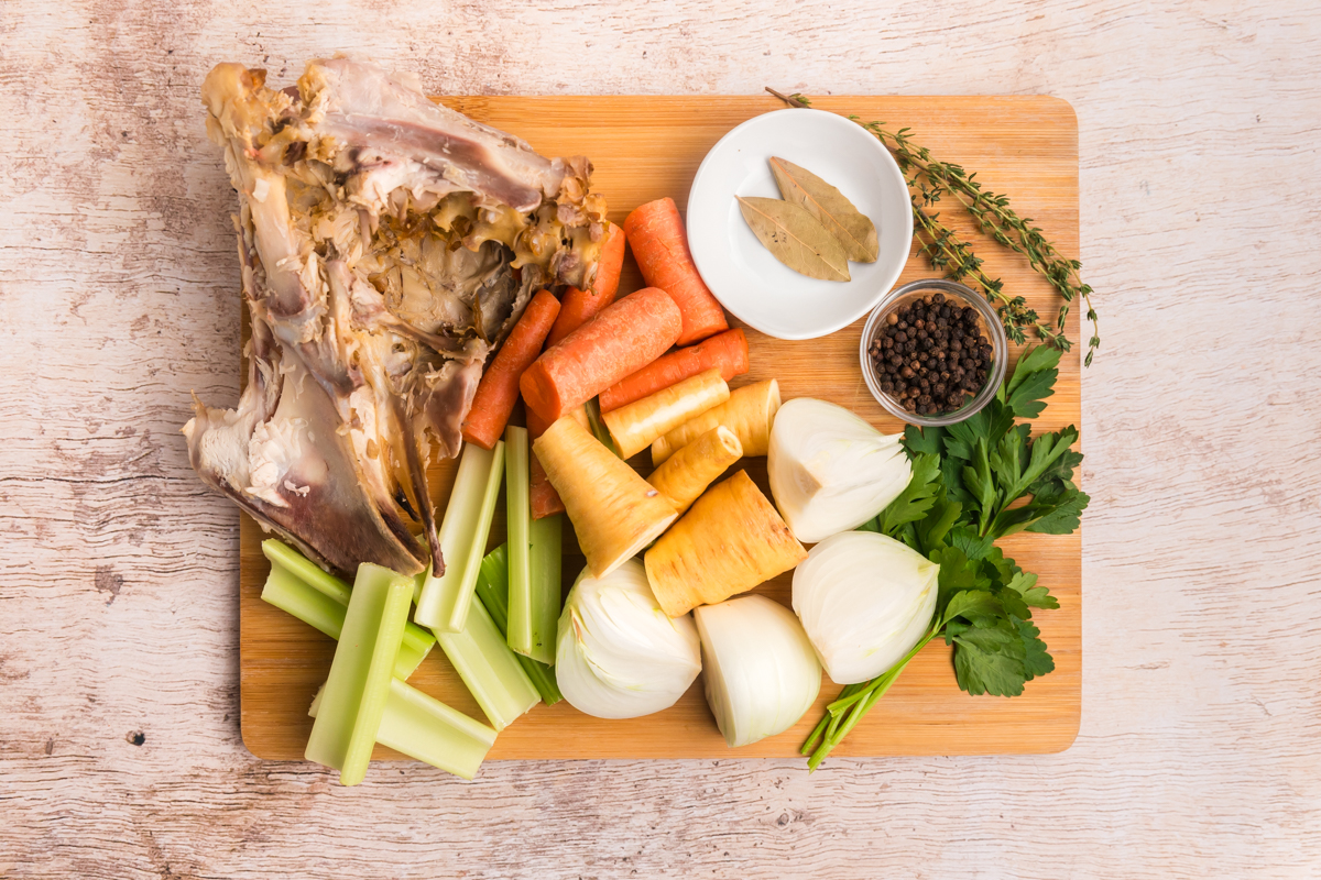 overhead shot of turkey stock ingredients