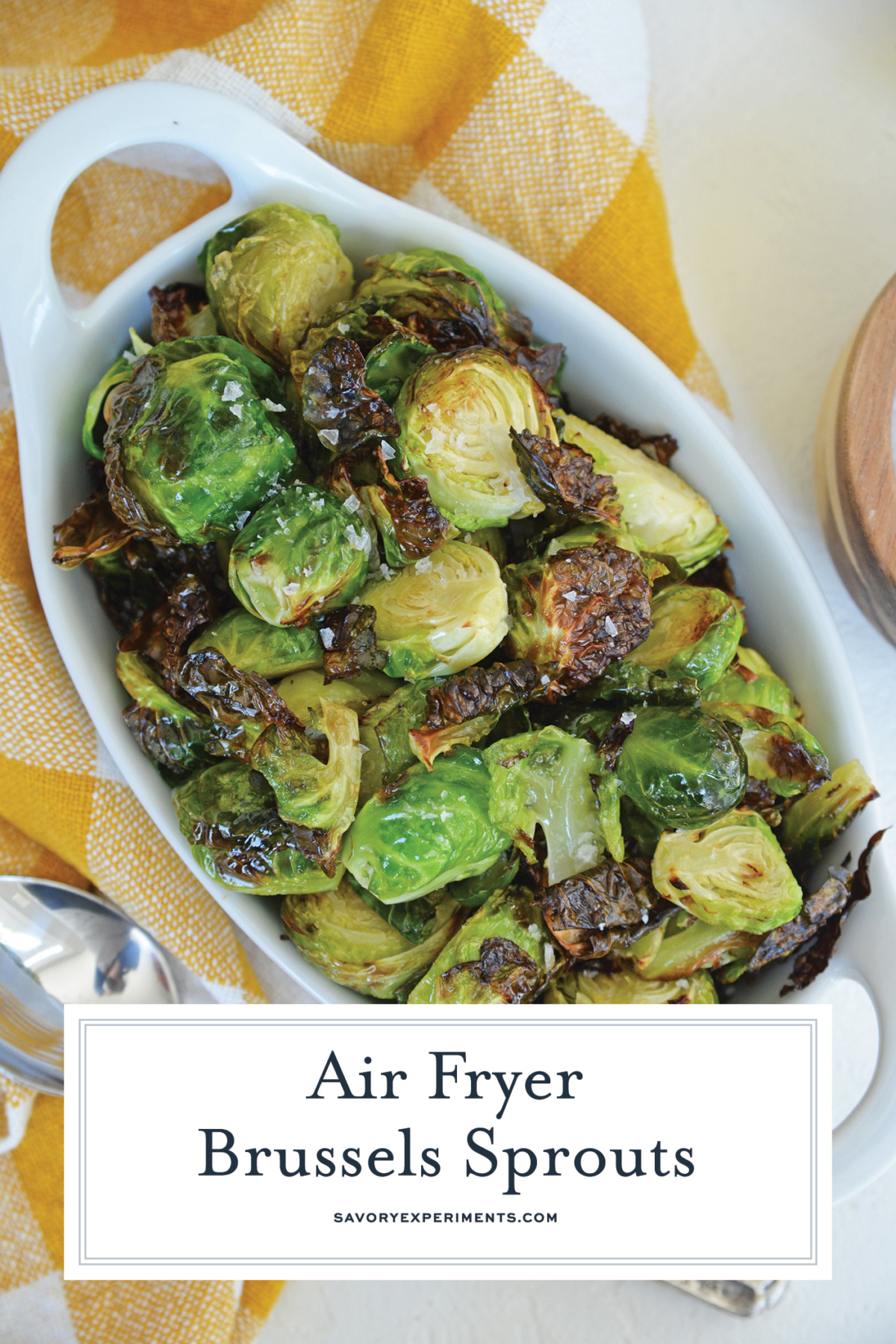 overhead shot of dish of air fryer brussels sprouts with text overlay