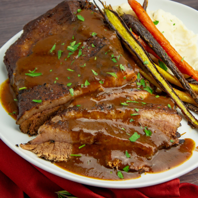 sliced braised brisket with gravy