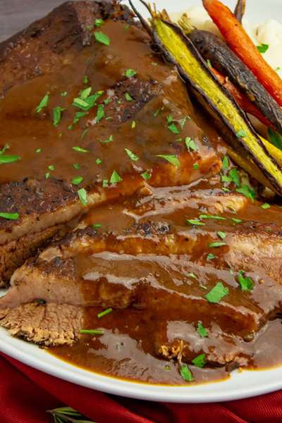 sliced braised brisket with gravy