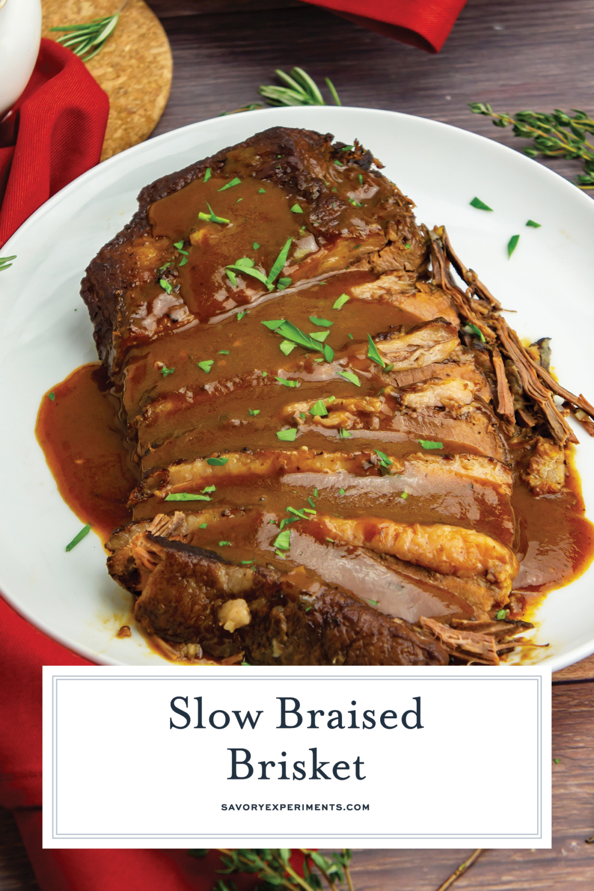 angled shot of slow braised brisket topped with gravy with text overlay