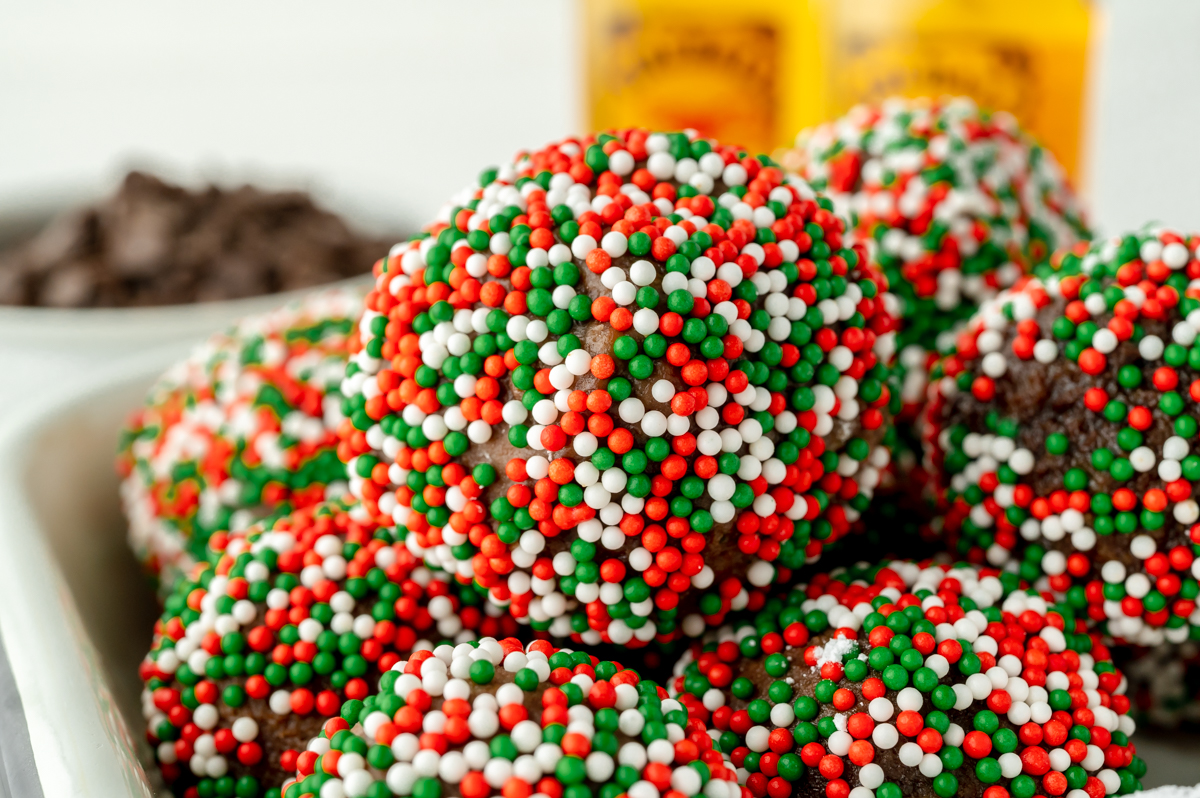 straight on shot of sprinkle coated fireball chocolate truffles