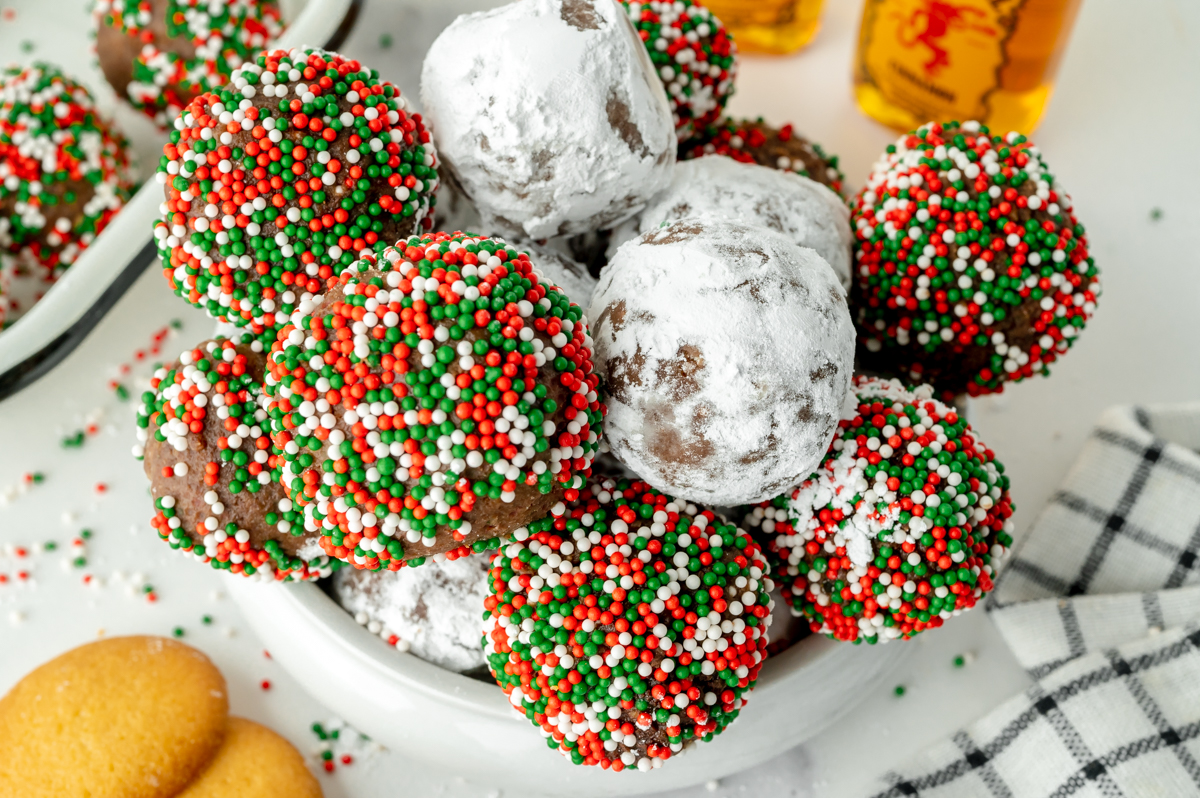 overhead shot of bowl of chocolate fireball truffles