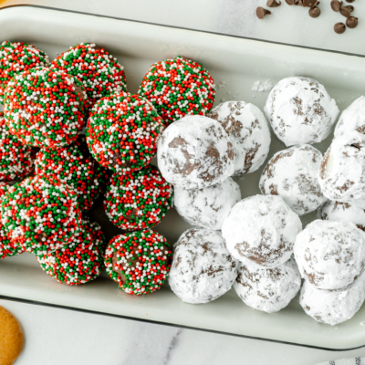 overhead shot of tray of fireball chocolate truffles