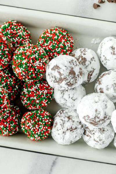 overhead shot of tray of fireball chocolate truffles