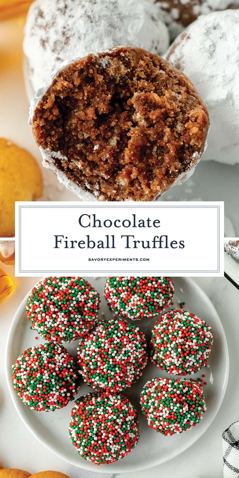 collage of chocolate fireball truffles