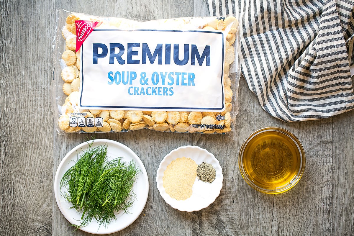 overhead shot of dill seasoned oyster crackers ingredients