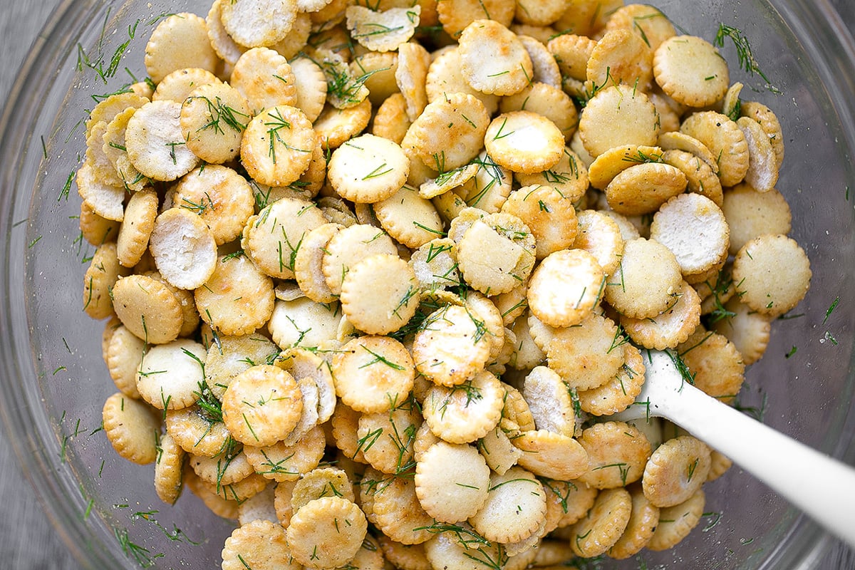 oyster crackers coated in seasoning in bowl