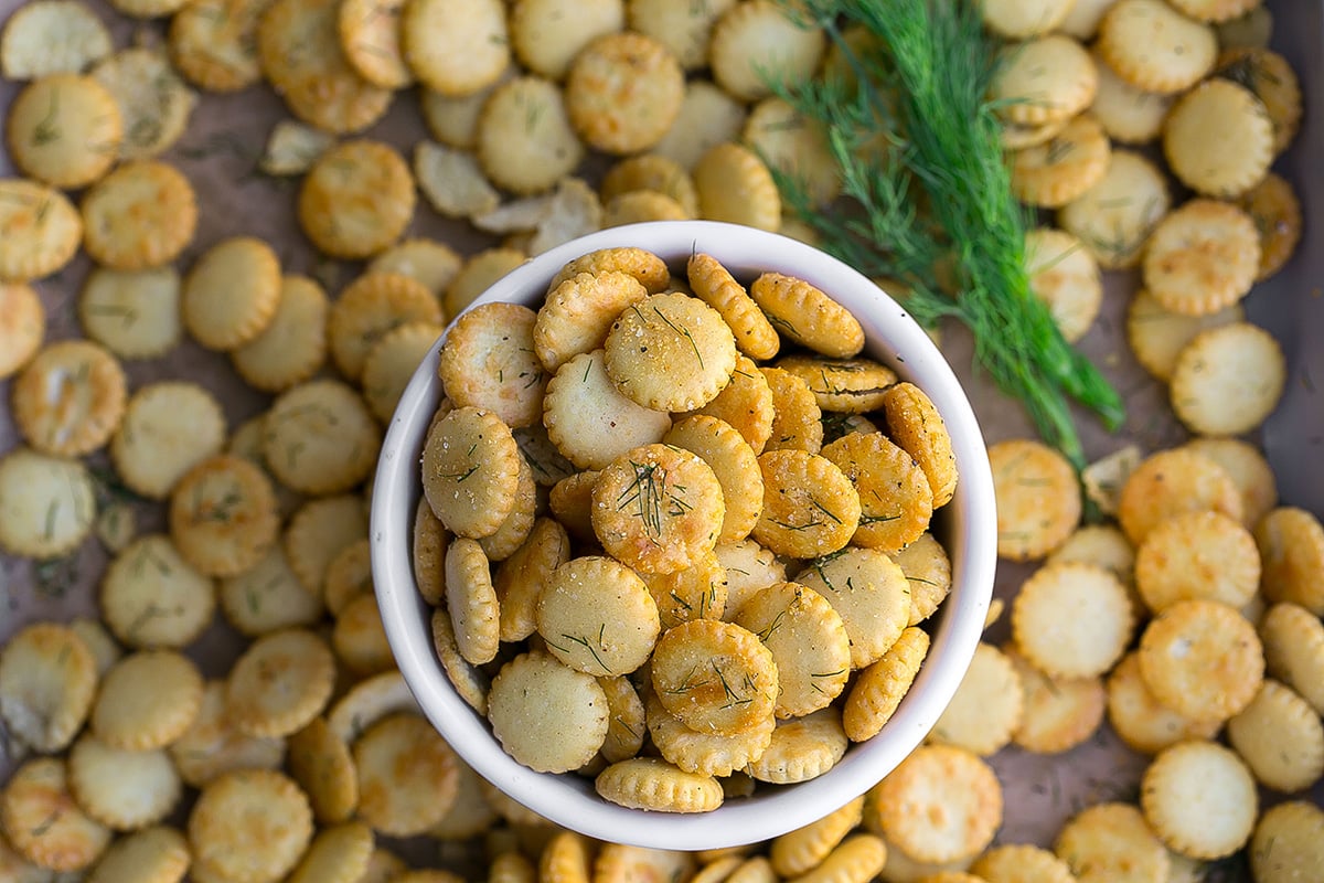 overhead shot of bowl of dill seasoned oyster crackers