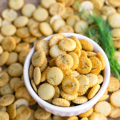 angled shot of bowl of dill oyster crackers