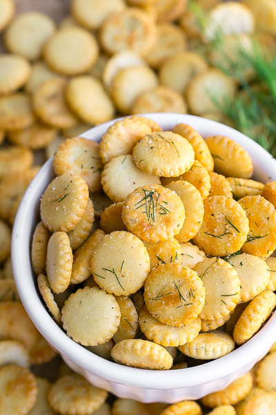 angled shot of bowl of dill oyster crackers