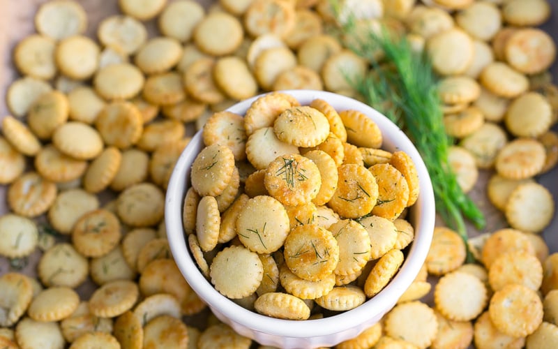 angled shot of bowl of dill oyster crackers