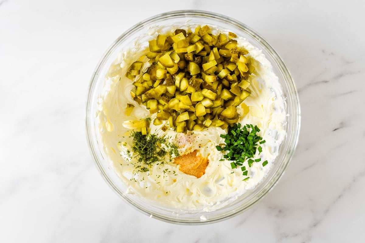 dill pickle dip ingredients in bowl