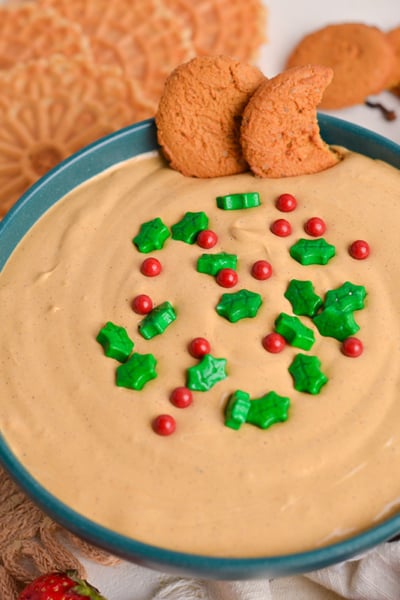 angled shot of bowl of gingerbread cake dip topped with sprinkles